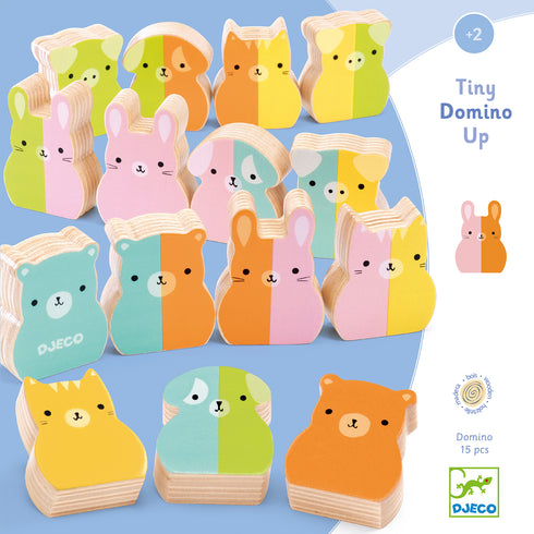 くま・うさぎ・いぬ・ねこ・ぶたのカラフルな動物のドミノです。2歳の小さい子でも持ちやすい大きさのピースは厚みもあって自立します。