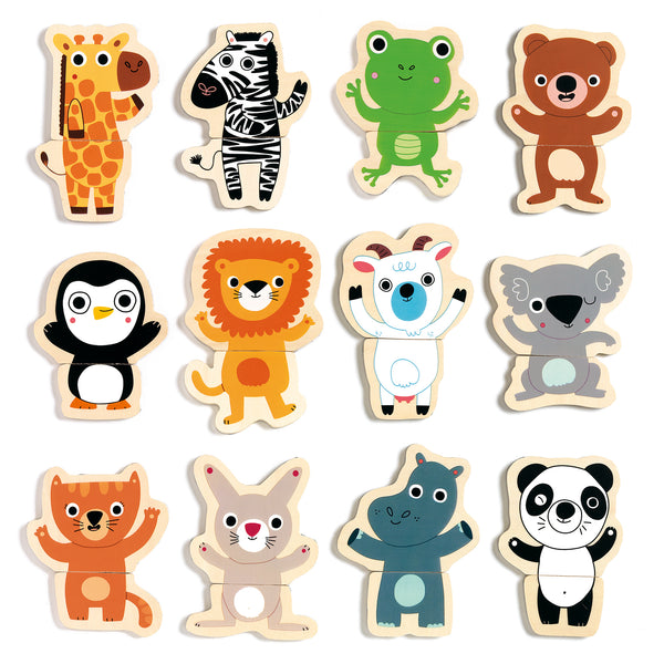 「クク ジャングル」という商品です。かわいい動物たちのマグネット&木製パズル。12種類の動物たちが上下2つのマグネットのパーツに分かれています。