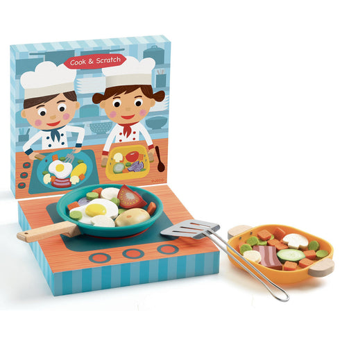 「クック&スクラッチ」という商品です。クック&スクラッチクックのお店。箱のなかには底にマジックテープついたフライパン、食材と調理器具入っています。