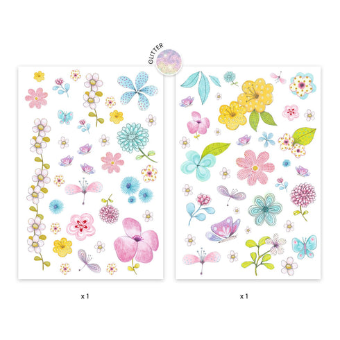 キラキラきらめく花柄のデザインが特徴のタトゥー2枚セットです。
