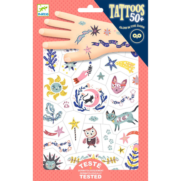 「ボディーアート タトゥー プリティー スウィート ドリーム」という商品です。愛らしいネコやフクロウなどのタトゥーシールです。 暗闇で光ります。