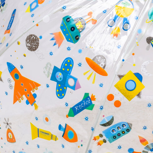 宇宙を飛び回るロケットがカッコいい、子ども用の透明の傘。